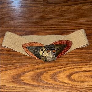 Vintage OMEGA Arrowhead Southwest Gold Metal Buckle Stretch Belt Tan Brown Small